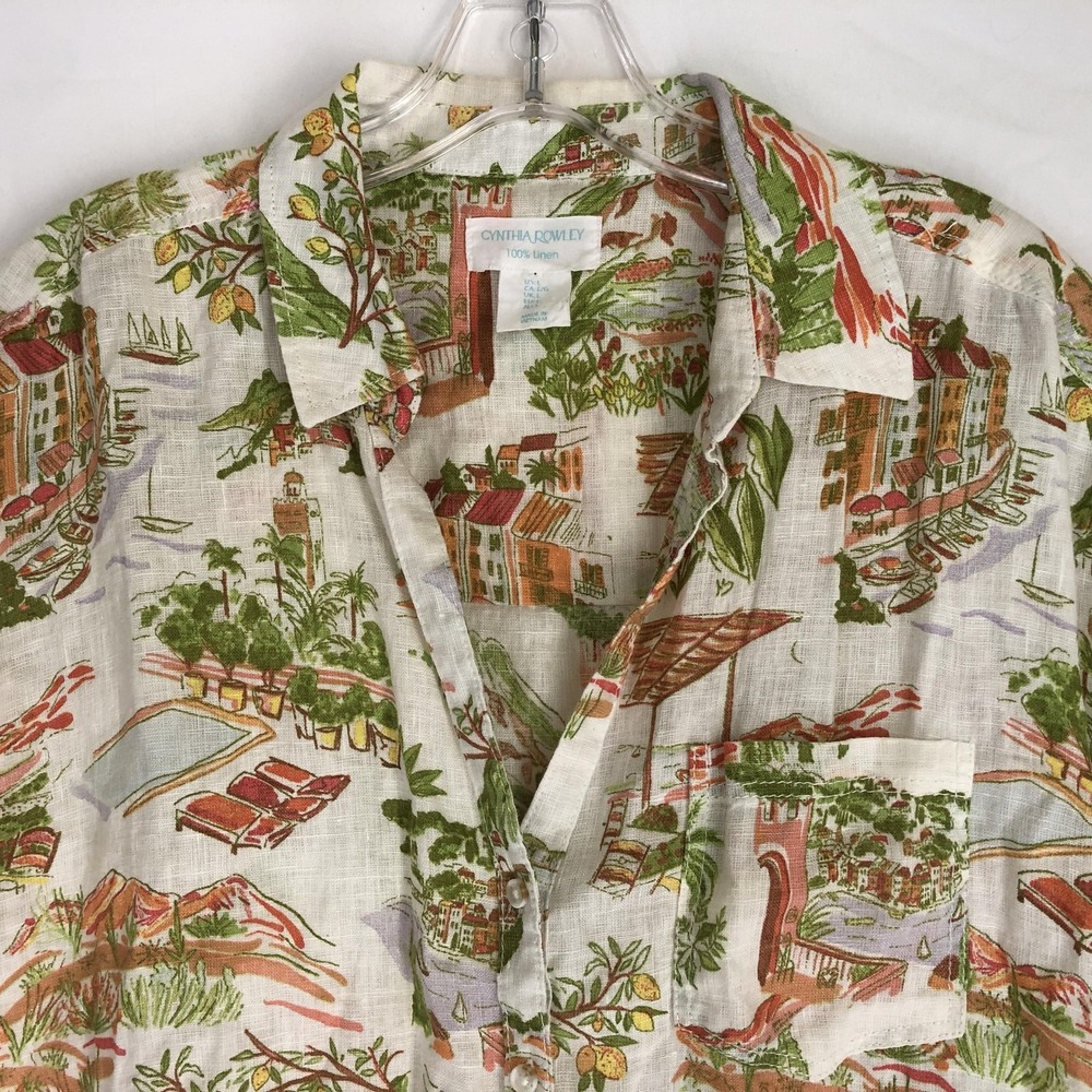 Cynthia Rowley Shirt Womens Large Multicolor 100% Linen Tropical Button Up Print - Picture 2 of 9